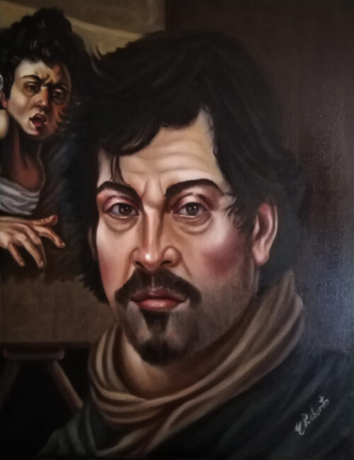 Caravaggio dipinge ragazzo morso da un ramarro - olio su tela 45 x 35 opera originale